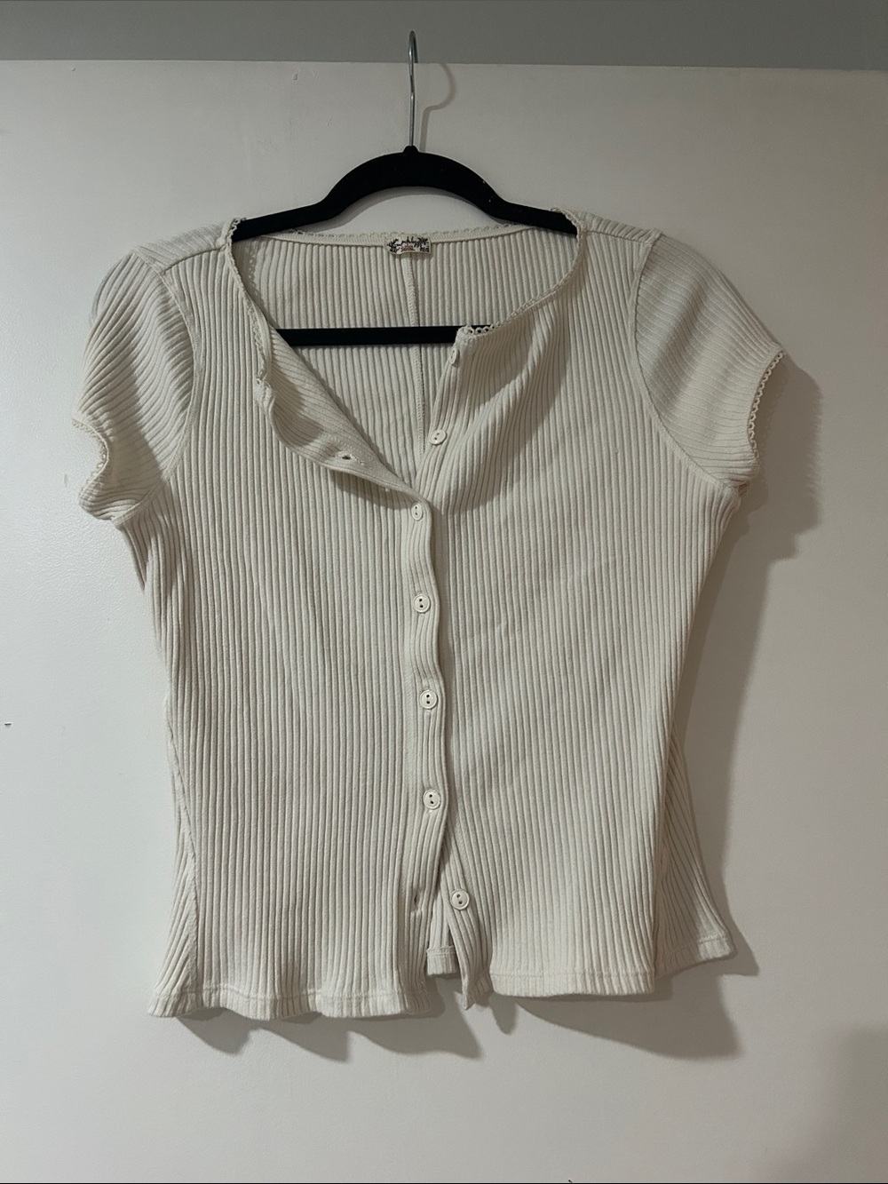 Free people Cream Ribbed Button-Front Short Sleeve Top